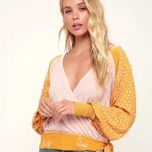 Free People Auxton Pink and Mustard Yellow Thermal Long Sleeve Wrap Top
